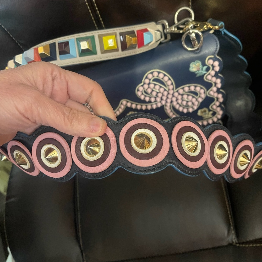 Fendi Kan Navy Blue Scalloped Floral Embellished Shoulder Bag with Pink Accents - Picture 8 of 12
